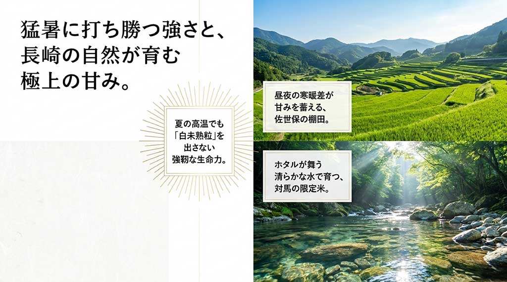 夏の高温でも白未熟粒を出さない強靭な生命力と、長崎の佐世保や対馬の豊かな自然環境