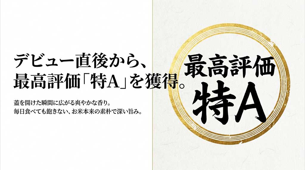 日本穀物検定協会の食味ランキングで最高評価「特A」を獲得したことを示す「特A」の筆文字画像