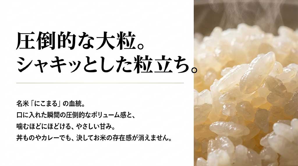 名米「にこまる」の血統を引き継ぐ、圧倒的な大粒とシャキッとした粒立ちが特徴の解説図