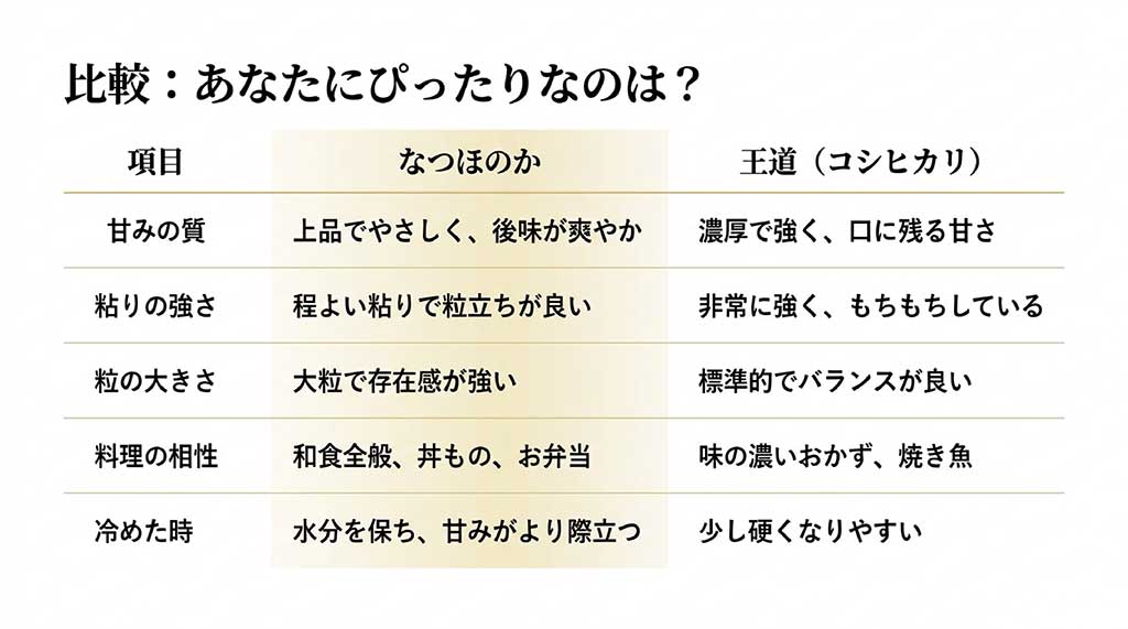 なつほのかとコシヒカリの甘み、粘り、粒の大きさ、料理の相性を比較した一覧表