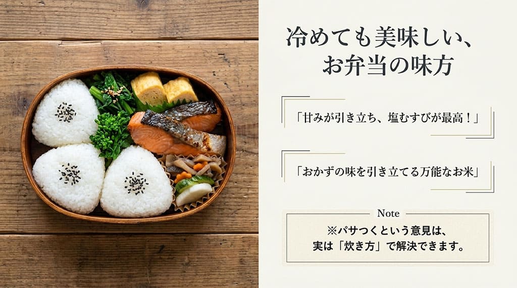 冷めても美味しい、お弁当の味方。甘みが引き立ち塩むすびが最高など、おかずの味を引き立てる万能なお米という口コミ。