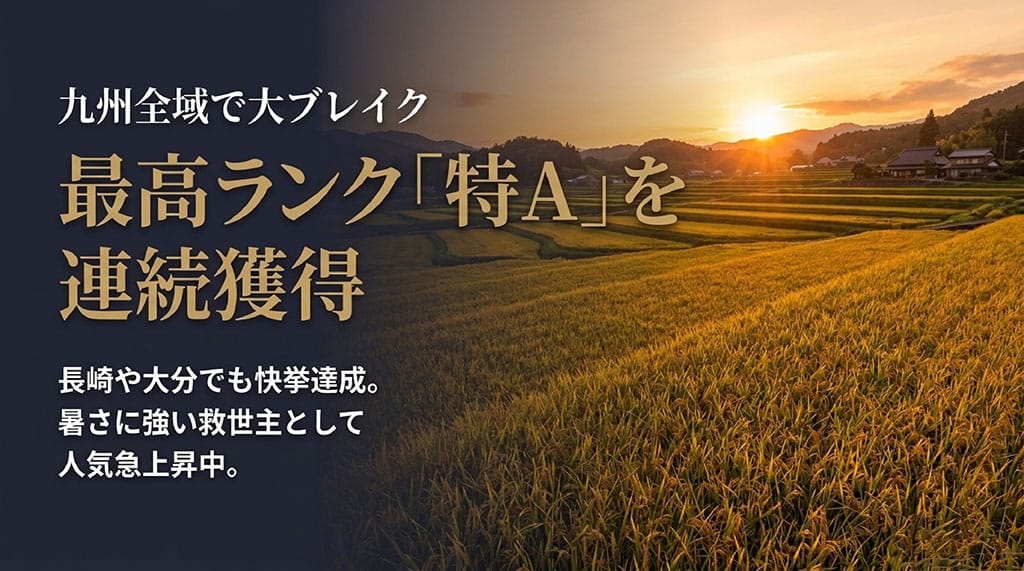 九州全域で大ブレイク。最高ランク「特A」を連続獲得し、暑さに強い救世主として人気急上昇中。
