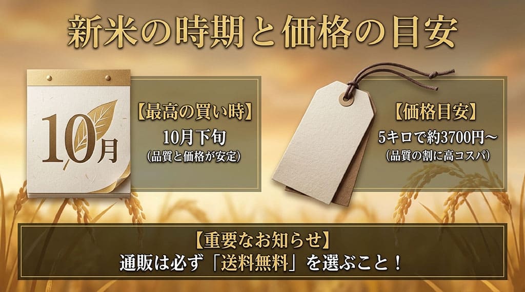 つぶぞろいの最高の買い時である10月下旬や、5キロ約3700円という価格の目安、送料無料を選ぶ注意点をまとめたスライド