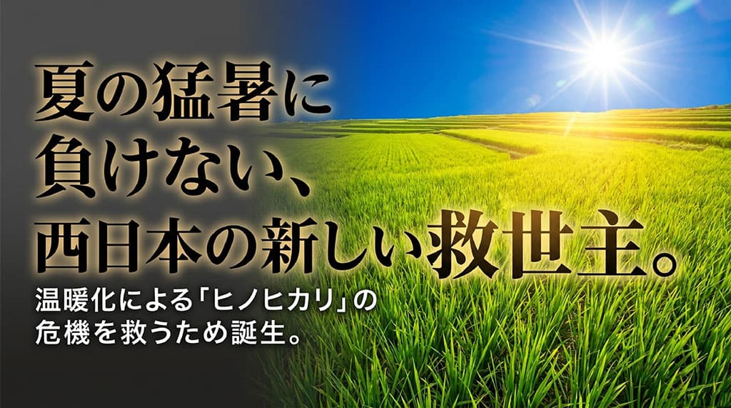 温暖化による「ヒノヒカリ」の危機を救うため誕生した「にこまる」の開発背景を説明するスライド。