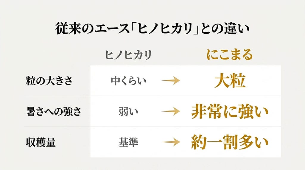 従来のエース「ヒノヒカリ」とにこまるの違い(粒の大きさ、暑さへの強さ、収穫量)を比較したスライド。