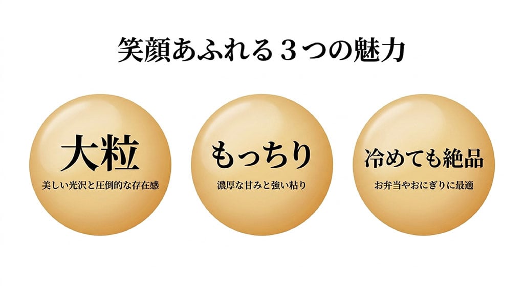 食べた人を笑顔にする3つの魅力として「大粒(美しい光沢と圧倒的な存在感)」「もっちり(濃厚な甘みと強い粘り)」「冷めても絶品(お弁当やおにぎりに最適)」を解説するスライド。