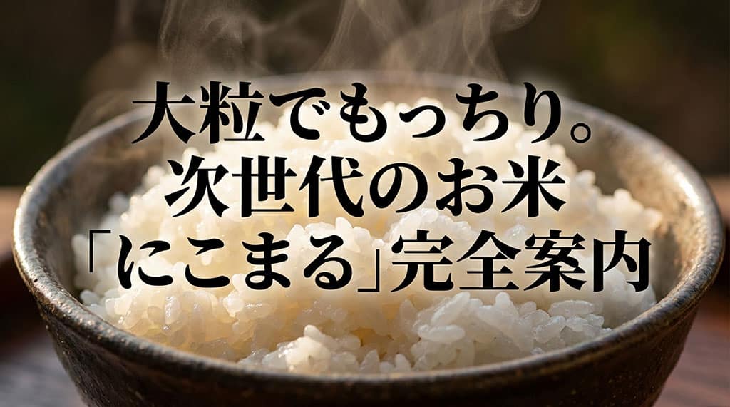 大粒でもっちり。次世代のお米「にこまる」完全案内のスライド。夏の猛暑に負けない、西日本の新しい救世主。