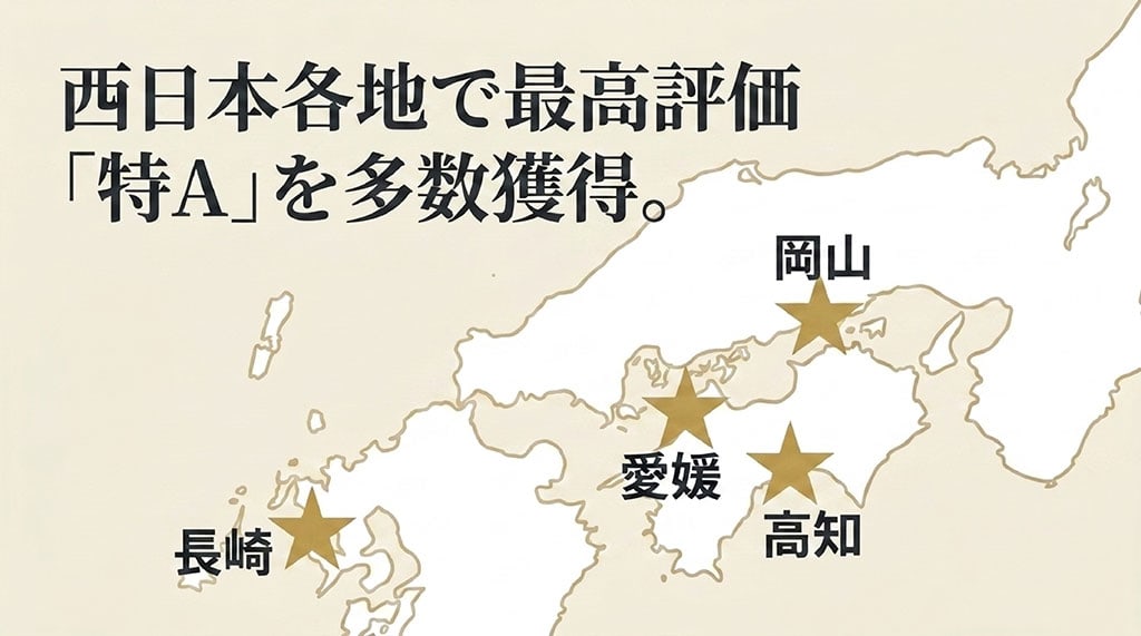 西日本各地で最高評価「特A」を多数獲得している産地として、長崎、岡山、愛媛、高知を紹介するスライド。
