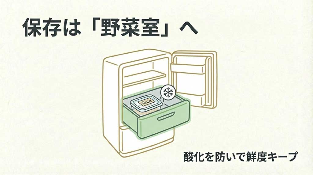 酸化を防いで鮮度をキープするために野菜室での保存を推奨