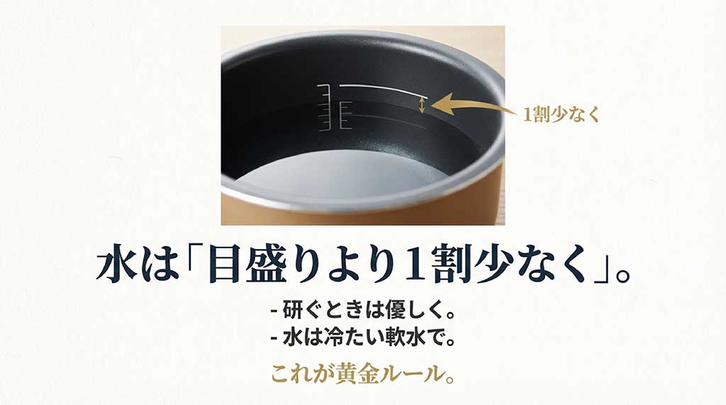 水は1割少なく、冷たい軟水で優しく研ぐといった炊飯のコツをまとめた画像