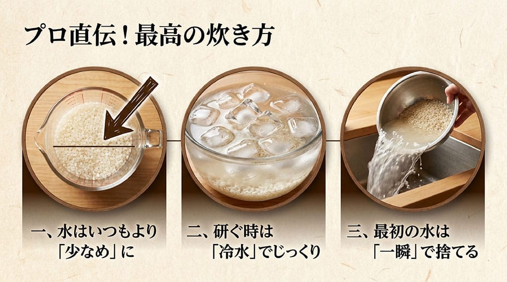 プロ直伝最高の炊き方。水はいつもより少なめ、研ぐ時は最初の水を一瞬で捨てる、冷水でじっくり