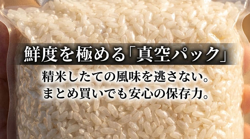 鮮度を極める真空パック。精米したての風味を逃さず、まとめ買いでも安心の保存力