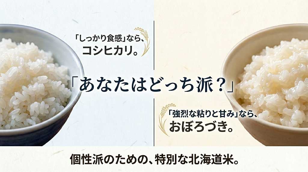 しっかり食感のコシヒカリと強烈な粘りのおぼろづきの特徴を比較した図解