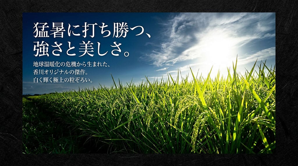 猛暑に打ち勝つ強さと美しさ、地球温暖化の危機から生まれた香川オリジナルの傑作について説明したスライド