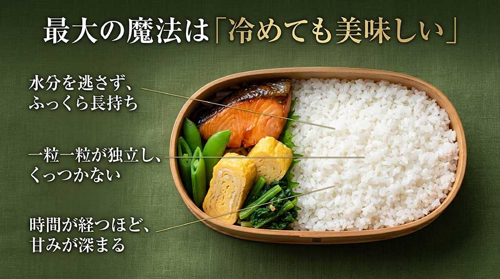 時間が経っても一粒一粒が独立してくっつかず、甘みが深まる「冷めても美味しい」特徴の解説
