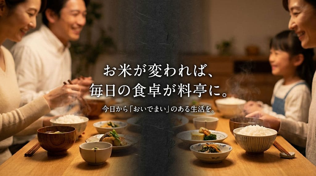 お米が変われば毎日の食卓が料亭になるという、おいでまいのある生活を勧めるまとめスライド
