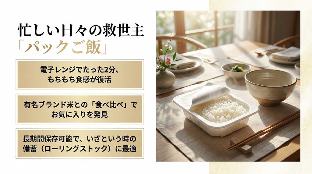 電子レンジで2分で復活するもちもち食感と、ローリングストックに最適なパックご飯の紹介