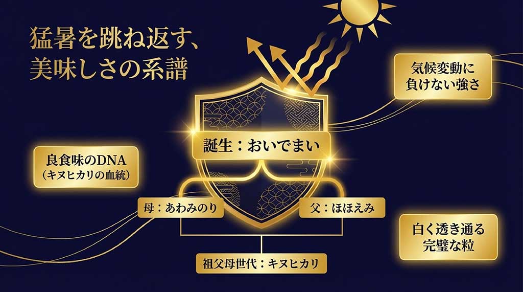 母「あわみのり」、父「ほほえみ」、祖父母世代「キヌヒカリ」という家系図と、猛暑に負けない強さの解説