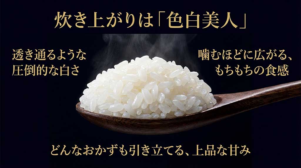 圧倒的な白さと、噛むほどに広がるもちもちの食感、上品な甘みについての説明