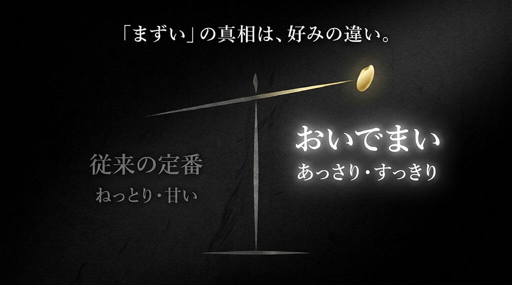 「まずい」の真相は好みの違いであり、従来のねっとり甘いタイプとおいでまいのあっさりすっきりタイプを比較したスライド
