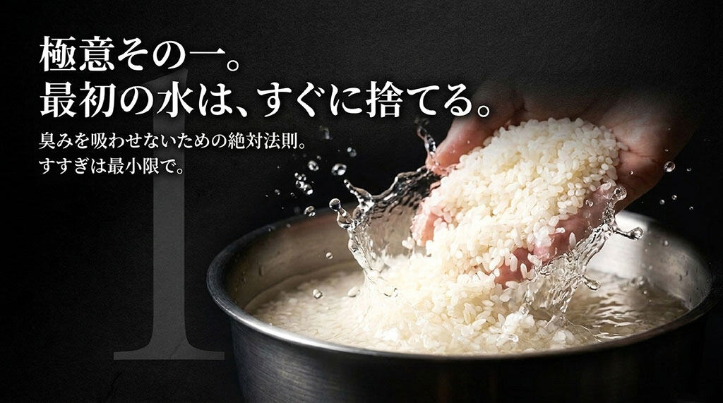 お米を研ぐ極意として、最初の水はすぐに捨てて臭みを吸わせないポイントをまとめたスライド