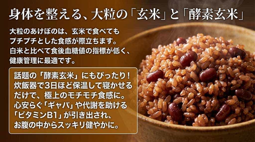 食後血糖値の指標（GI値）が低く健康管理に最適な大粒玄米と、3日ほど寝かせることで極上のモチモチ食感になりギャバやビタミンB1が引き出される酵素玄米の魅力を伝えるスライド