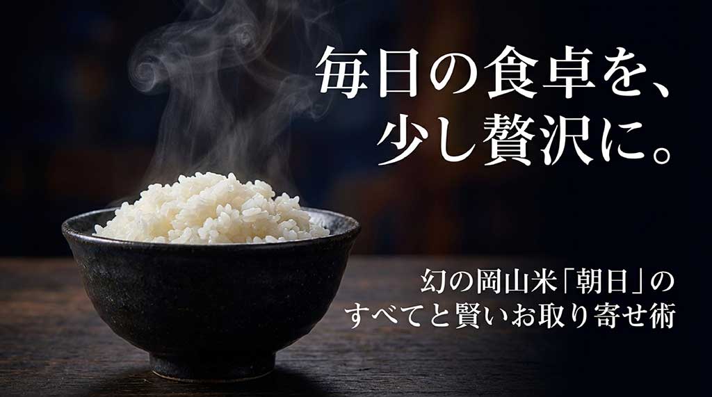 幻の岡山米「朝日」のすべてと賢いお取り寄せ術を紹介するスライド資料の表紙