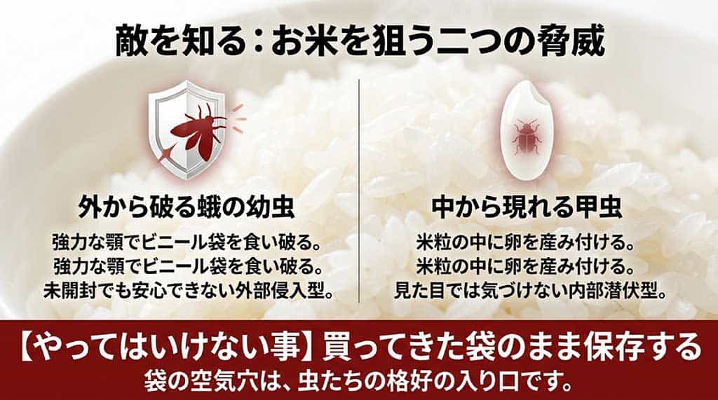 お米にわく蛾の幼虫（外部侵入型）と甲虫（内部潜伏型）の侵入経路と特徴の解説図