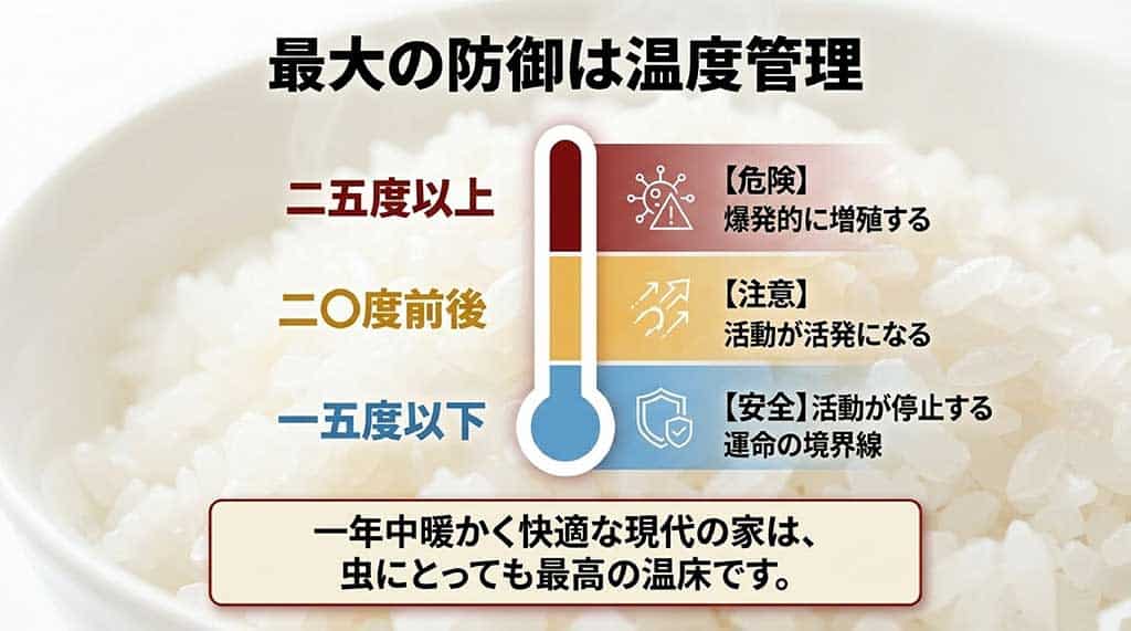お米の保存温度と虫の活動の関係。15度以下は安全、25度以上は爆発的に増殖することを示す図