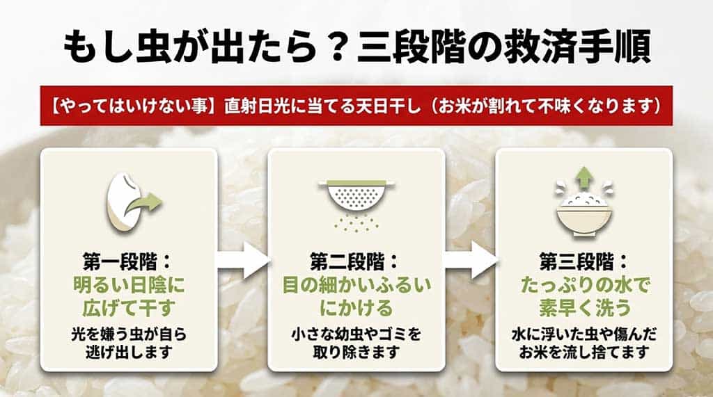 お米に虫がわいた時の3ステップ（陰干し、ふるい、水洗い）の解説