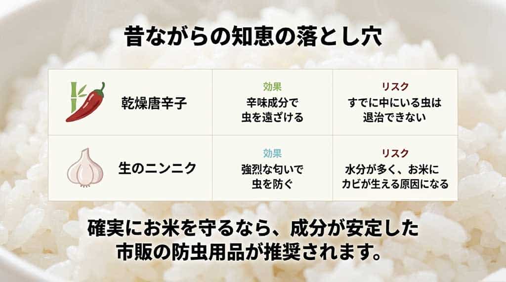 乾燥唐辛子と生ニンニクをお米の虫除けに使う際の効果とカビなどのリスク比較表