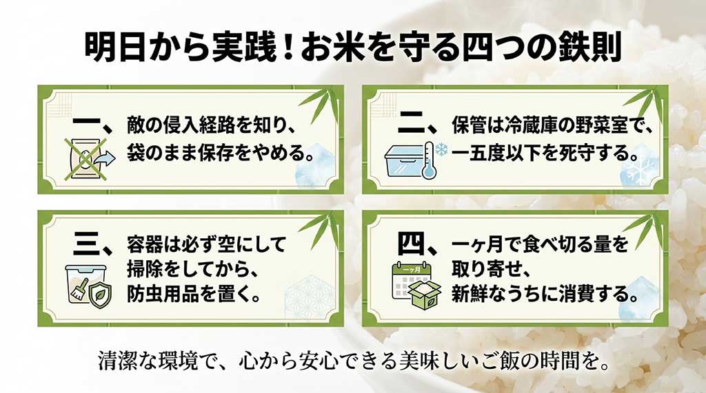 お米の虫除け対策のまとめ。侵入経路、温度、容器清掃、消費サイクルの4つの鉄則