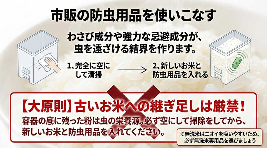 お米の容器を空にして掃除してから、新しいお米と防虫用品を入れる正しい手順のイラスト