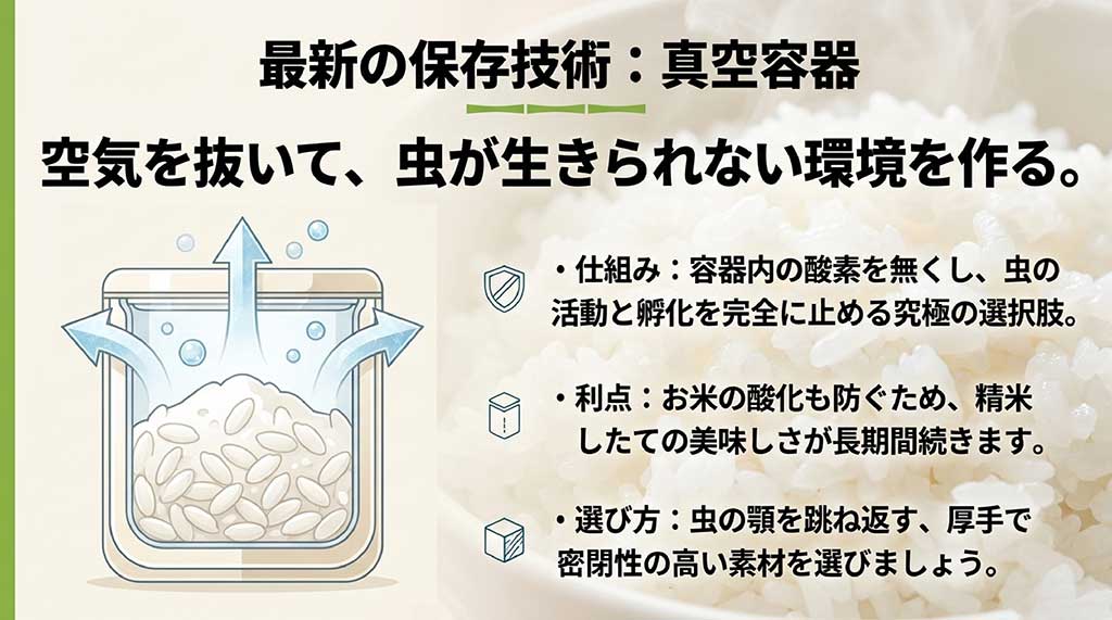 真空容器で酸素を抜き、虫の活動と孵化を止める最新の保存技術のイメージ図
