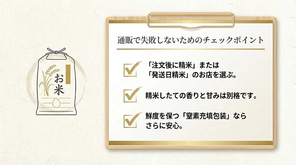 注文後・発送日精米のお店選びや、鮮度を保つ窒素充填包装の重要性を解説した画像
