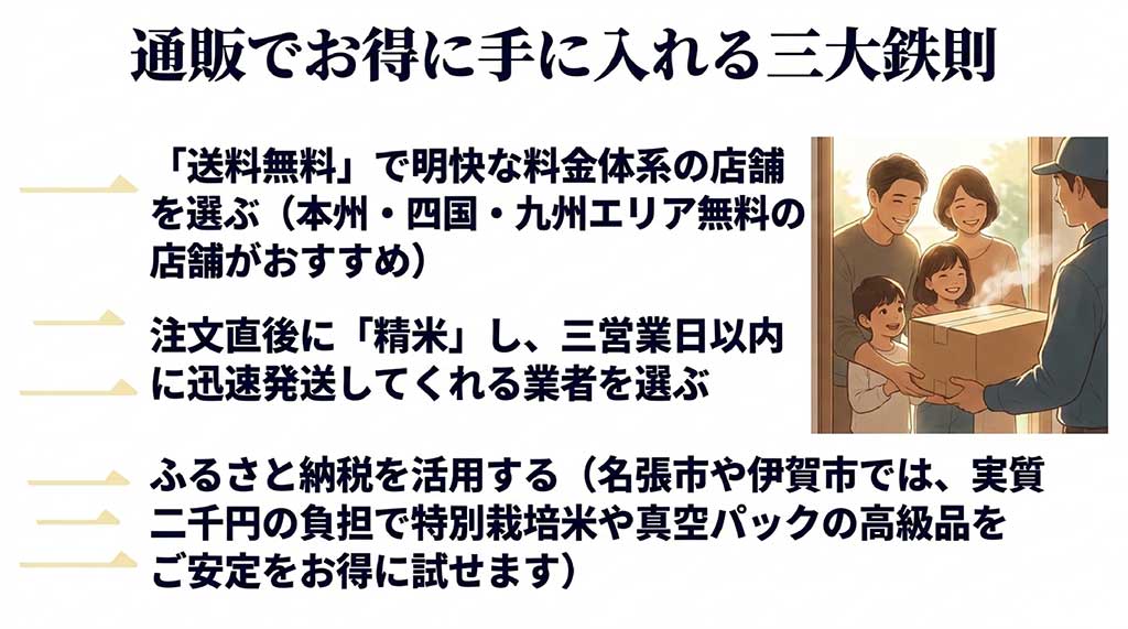 送料無料の店舗選び、注文直後に精米し3営業日以内に迅速発送する業者選び、実質2千円負担で試せるふるさと納税（名張市・伊賀市）の活用という三大鉄則を解説するスライド
