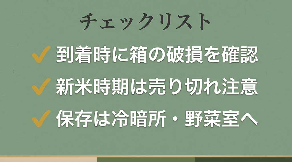 箱の破損確認、新米時期の売り切れ注意、保存場所(冷暗所・野菜室)など、購入時に確認すべきポイントをまとめたスライド