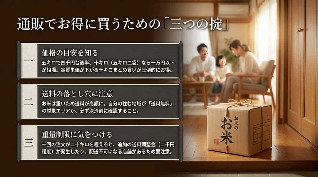 通販でお米を買う際の3つの掟。価格目安（10kgがお得）、送料の注意点、20kg超えの重量制限について説明したスライド