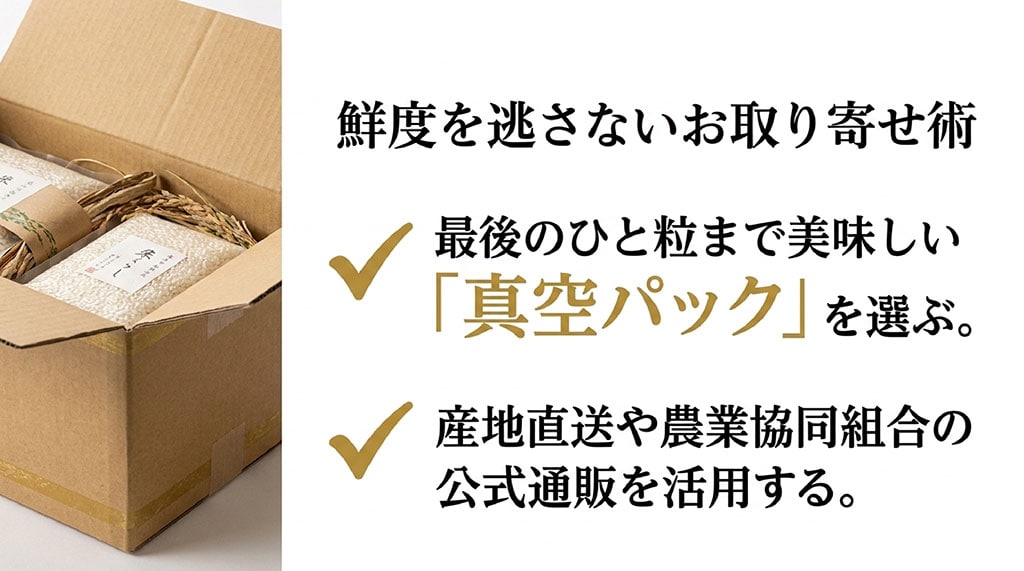鮮度を逃さないお取り寄せ術。最後のひと粒まで美味しい「真空パック」を選ぶ、産地直送や農業協同組合の公式通販を活用する、と説明するスライド。