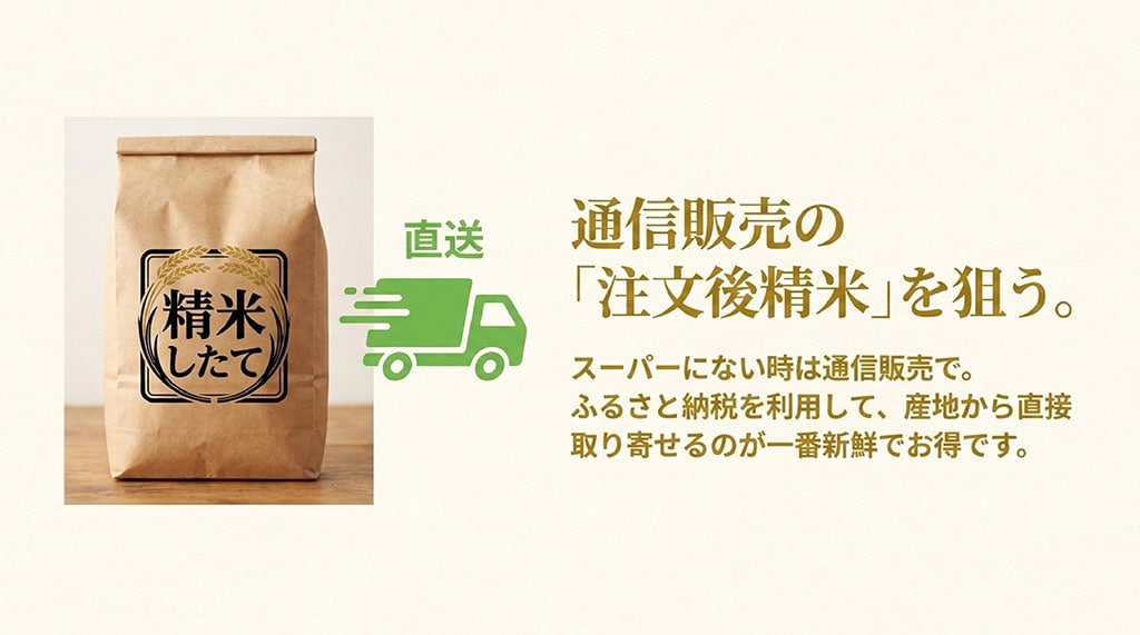 通信販売の「注文後精米」を狙う。スーパーにない時は通信販売で。ふるさと納税を利用して産地から直接取り寄せるのが一番新鮮でお得です。