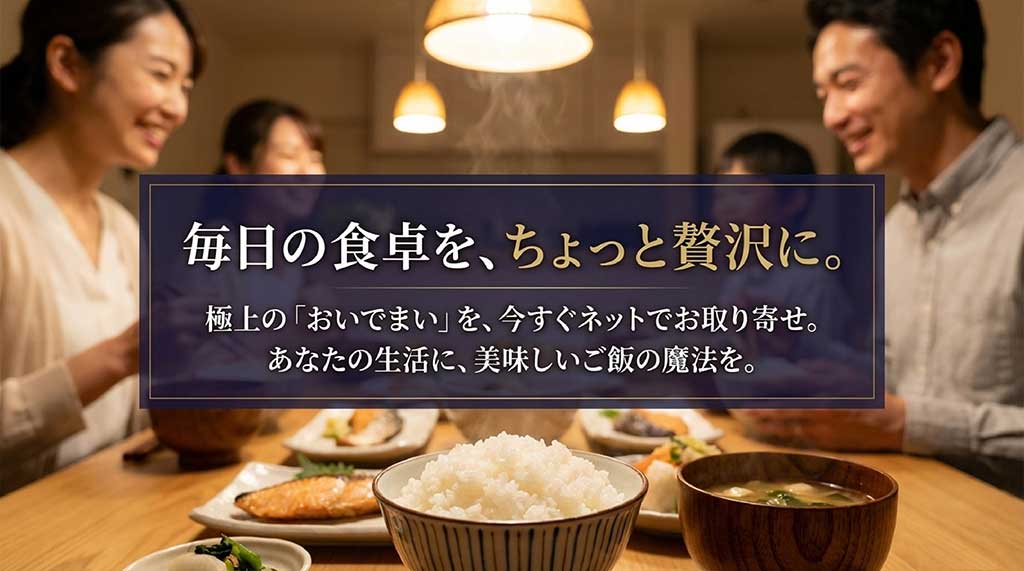 「極上のおいでまいを、今すぐネットでお取り寄せ」というメッセージと、食卓に魔法をかけるイメージ