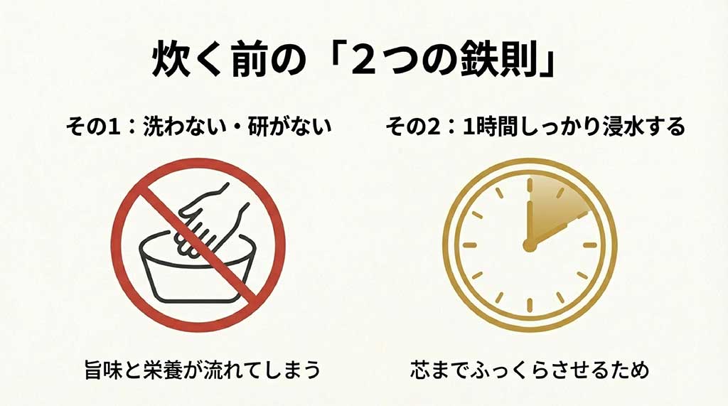 栄養を逃さないために「洗わない・研がない」、芯までふっくらさせるために「1時間しっかり浸水する」という2つの鉄則