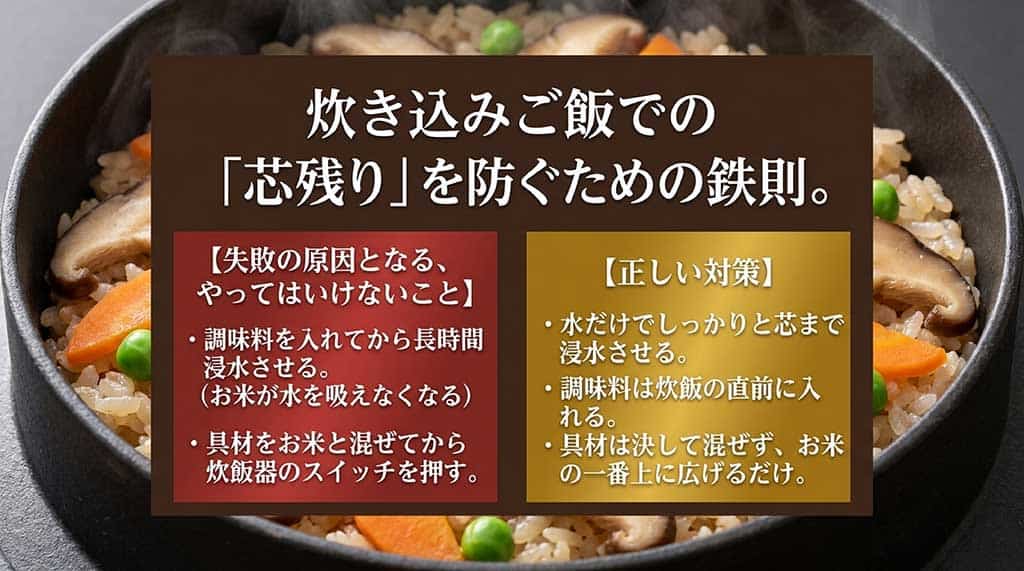 炊き込みご飯で失敗しないための対策。水だけで浸水させ、調味料は直前に入れ、具材は混ぜずに炊くことを推奨