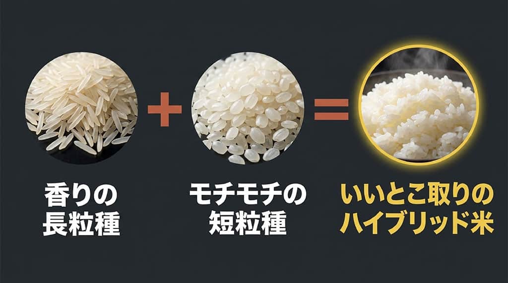 香りの長粒種とモチモチの短粒種の良いとこ取りをしたプリンセスかおりの比較写真