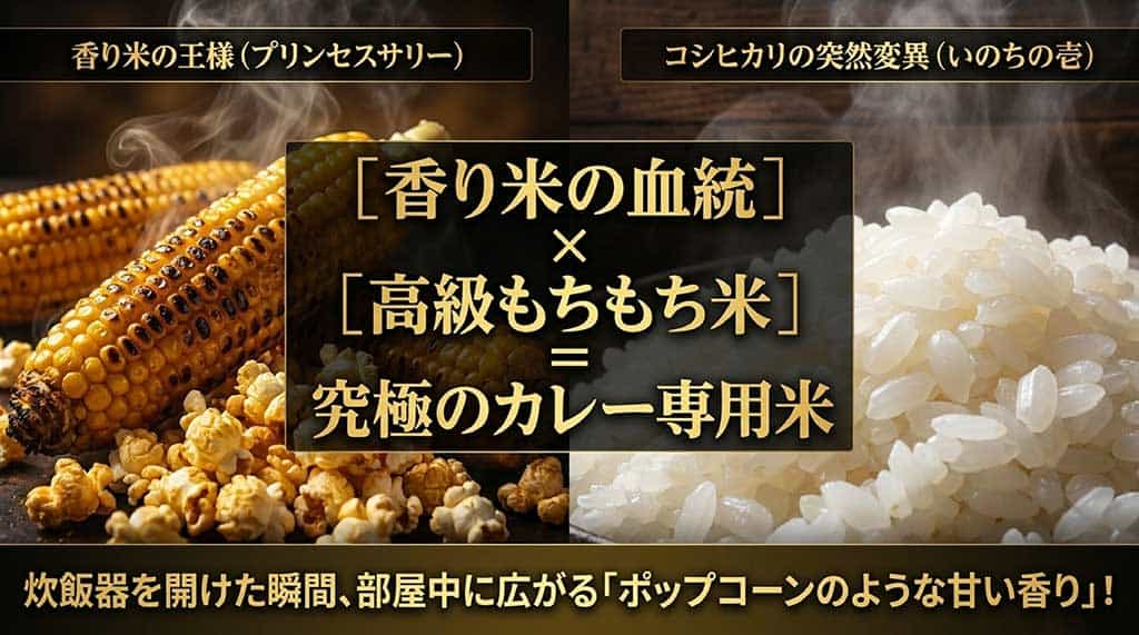 香り米の王様「プリンセスサリー」と高級もちもち米「いのちの壱」を掛け合わせた血統図。炊飯器を開けた瞬間にポップコーンのような甘い香りが広がる特徴を説明しています。