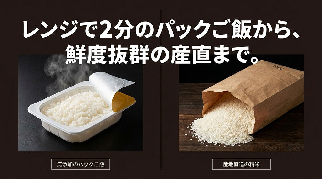 電子レンジで2分の無添加パックご飯や鮮度抜群の産地直送精米などのラインナップ