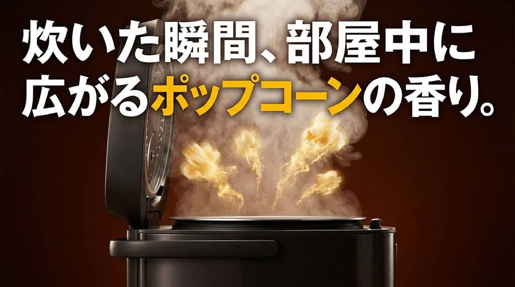 炊いた瞬間に部屋中へポップコーンのような香ばしい香りが広がるイメージイラスト