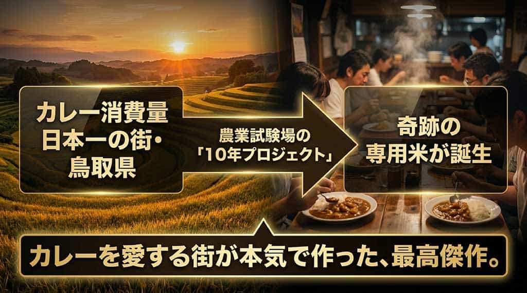 究極のカレー専用米「プリンセスかおり」のスライド資料。カレー消費量日本一の街・鳥取県の農業試験場が10年プロジェクトで開発した最高傑作であることを紹介しています。