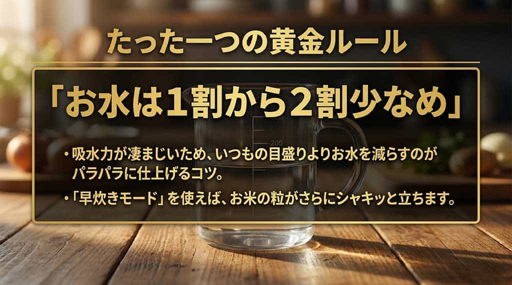 「お水は1割から2割少なめ」という黄金ルール。吸水力が凄まじいため水を減らすのがコツであること、早炊きモードでお米の粒がさらにシャキッと立つことを説明する図。