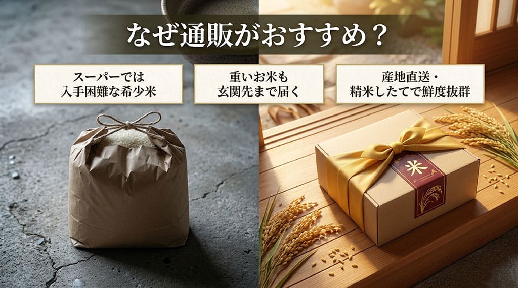 スーパーで入手困難な希少米も玄関先まで届き、産地直送で鮮度抜群など、お米の通販がおすすめな理由をまとめたスライド